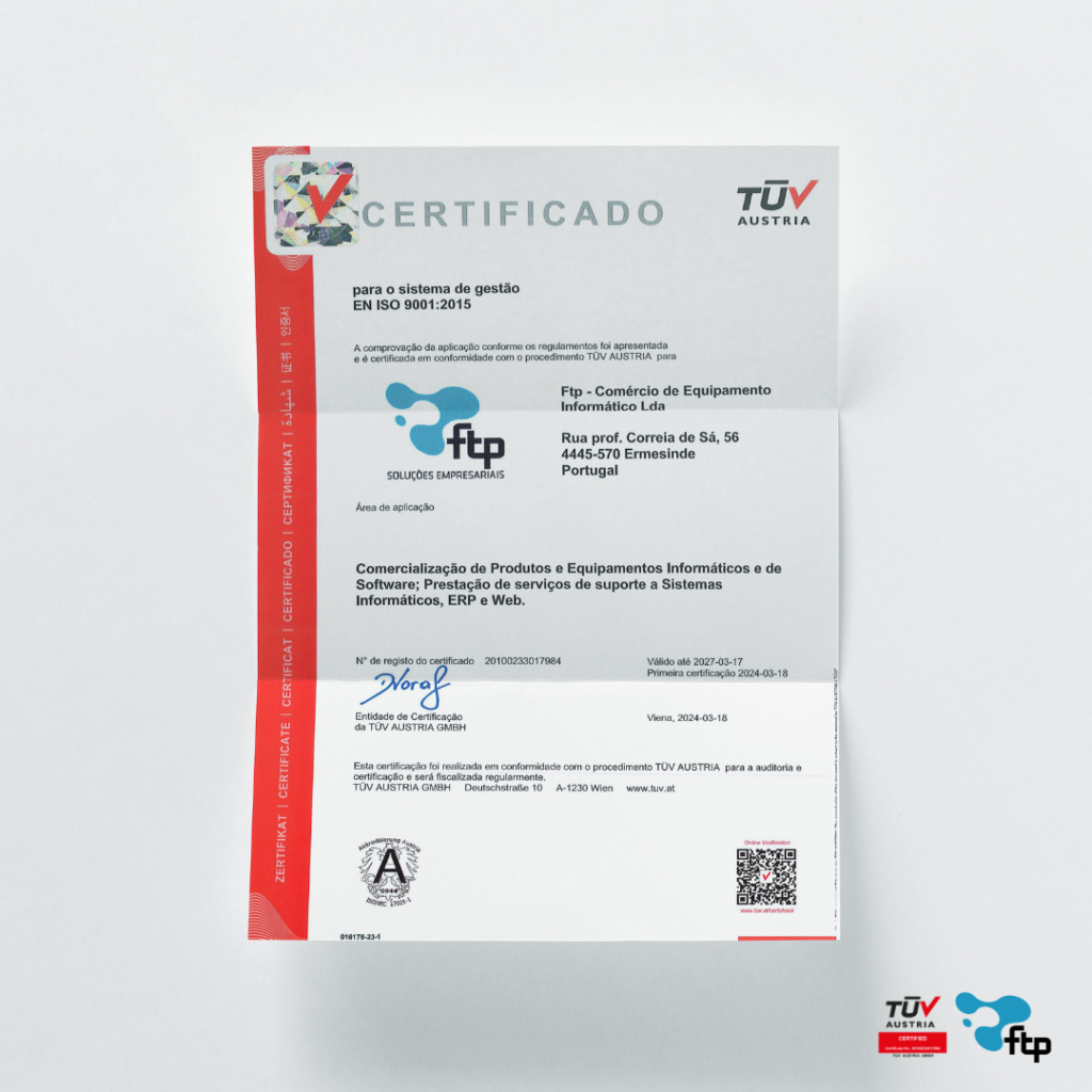 Imagem do Certificado Certificacdo ISO 9001:2015 emitido pela TUV Austria à FTP Soluções Empresariais.