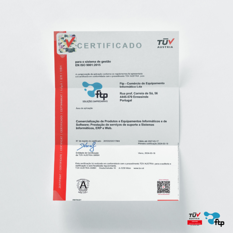 Imagem do Certificado Certificacdo ISO 90012015 emitido pela TUV Austria à FTP Soluções Empresariais