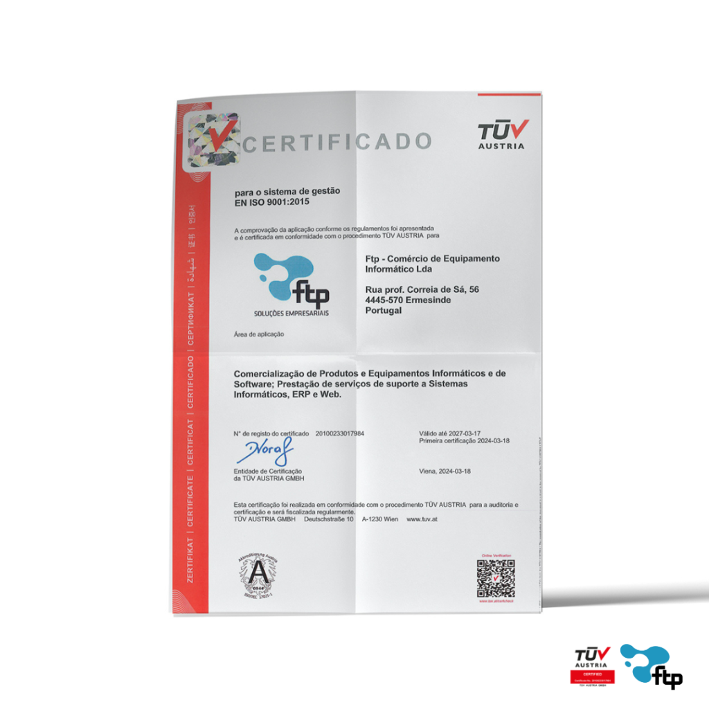 Certificado ISO 9001:2015 emitido pela TUV Austria à FTP Soluções Empresariais.